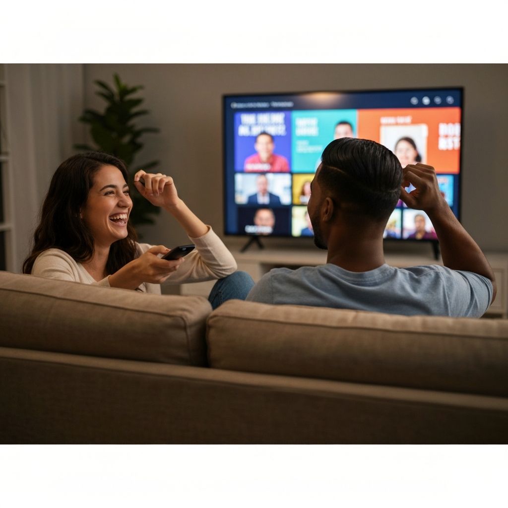 Couple satisfait utilisant le fournisseur IPTV Premium KOLOS pour séries en streaming HD