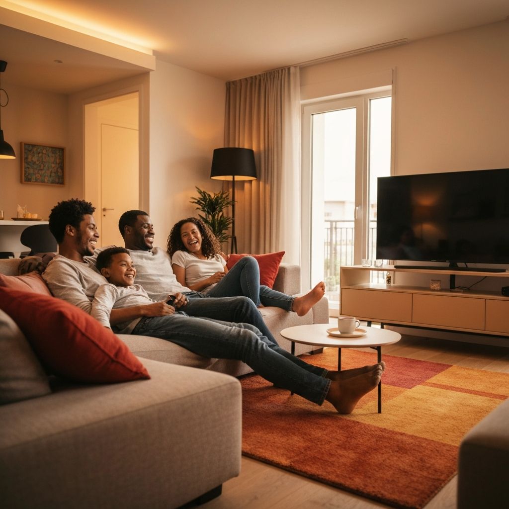 Famille heureuse économisant avec un abonnement IPTV pas cher KOLOS pour regarder la télévision ensemble